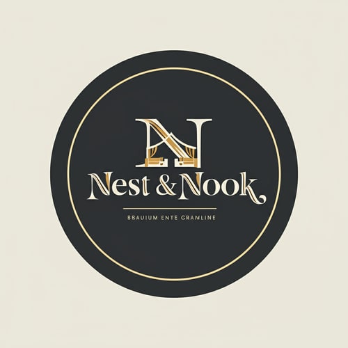 AI Design for Instagram profile logo for "Nest & Nook". Round badge-style emblem with elegant "Nest & Nook" text inside. Thin gold outline, deep charcoal background. Stylish, bold, recognizable at small scale.