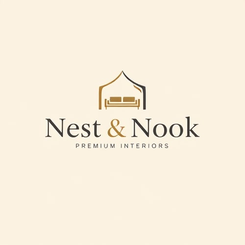 AI Design for Minimalist luxury logo design for "Nest & Nook", a premium interior and home lifestyle brand. Modern, clean typography with an elegant icon that combines a cozy home shape with abstract curves suggesting sofas, recliners, and curtains. Use a warm, neutral color palette (beige, charcoal, muted gold). Trending flat design, sophisticated, timeless, versatile for digital and print.