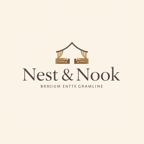AI Design for Minimalist luxury logo design for "Nest & Nook", a premium interior and home lifestyle brand. Modern, clean typography with an elegant icon that combines a cozy home shape with abstract curves suggesting sofas, recliners, and curtains. Use a warm, neutral color palette (beige, charcoal, muted gold). Trending flat design, sophisticated, timeless, versatile for digital and print.