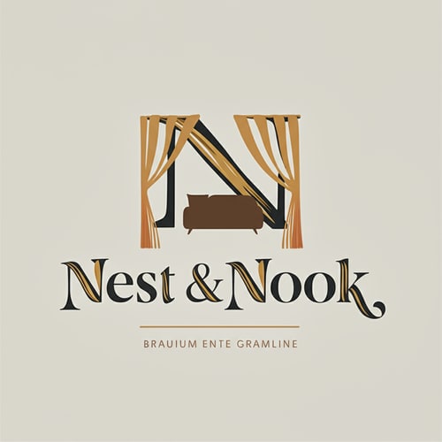 AI Design for Modern abstract logo for "Nest & Nook". Icon of a home outline merging with a soft sofa silhouette and flowing curtain curves. Warm earthy tones (beige, charcoal, muted terracotta). Clean sans-serif typography below. Friendly yet premium look.