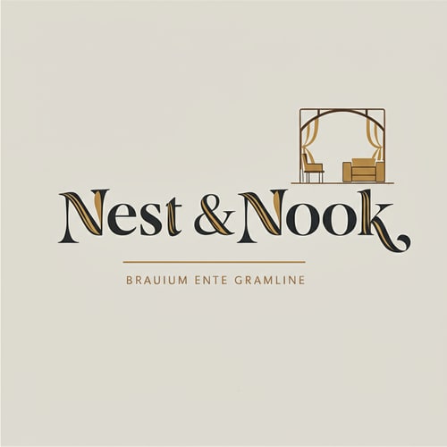 AI Design for ull logo design for "Nest & Nook". Elegant serif + sans-serif typography with brand name written clearly. Icon of a cozy home with abstract curves suggesting sofa and curtains placed beside text. Neutral palette (charcoal, muted gold, beige). Premium, timeless, Instagram-ready.