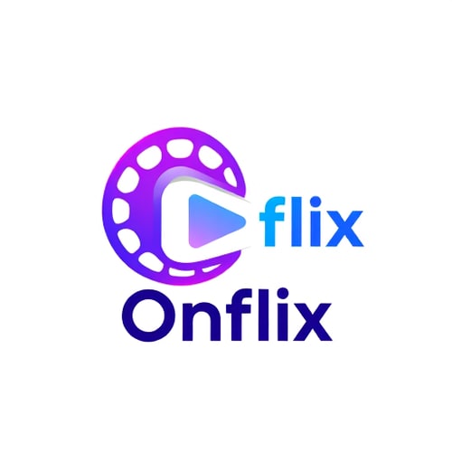 AI Design for Pictorial logo for an OTT platform named "Onflix": A stylized film reel that seamlessly transforms into a play button, embodying both the platform's content and its core function., Deep blues, vibrant purples, and a touch of bright orange or yellow for highlights, Modern sans-serif font with slightly rounded edges, giving it a friendly yet professional feel. Design with a futuristic and sleek influence, drawing inspiration from digital interfaces and the idea of seamless streaming. The film reel should be subtly integrated, not overtly cartoony, with clean lines and a sense of motion. The play button should be clearly identifiable but flow organically from the reel. A gradient can be used within the elements to add depth and a digital feel., White background