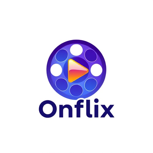 AI Design for Pictorial logo for an OTT platform named "Onflix": A stylized film reel that seamlessly transforms into a play button, embodying both the platform's content and its core function., Deep blues, vibrant purples, and a touch of bright orange or yellow for highlights, Modern sans-serif font with slightly rounded edges, giving it a friendly yet professional feel. Design with a futuristic and sleek influence, drawing inspiration from digital interfaces and the idea of seamless streaming. The film reel should be subtly integrated, not overtly cartoony, with clean lines and a sense of motion. The play button should be clearly identifiable but flow organically from the reel. A gradient can be used within the elements to add depth and a digital feel., White background