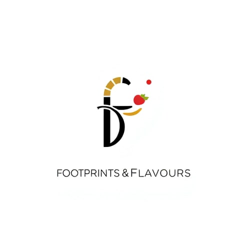AI Design for Letterform logo for a brand selling unique food experiences and travel adventures named "footprints&Flavours": a stylized, interconnected single "f" that visually blends the concept of a footprint with a subtle flavor swirl, black, bold sans-serif font for "footprints&Flavours" below the emblem, modern, sleek, inspired by minimalist luxury and abstract art, the "f" should have depth and a subtle metallic sheen, clean white background.