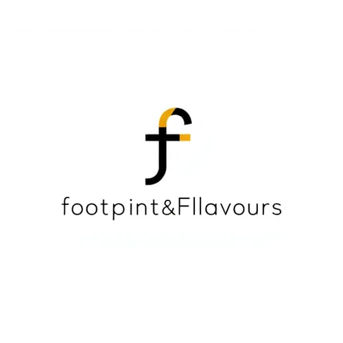 AI Design for Letterform logo for a brand selling unique food experiences and travel adventures named "footprints&Flavours": a stylized, interconnected single "f" that visually blends the concept of a footprint with a subtle flavor swirl, black, bold sans-serif font for "footprints&Flavours" below the emblem, modern, sleek, inspired by minimalist luxury and abstract art, the "f" should have depth and a subtle metallic sheen, clean white background.