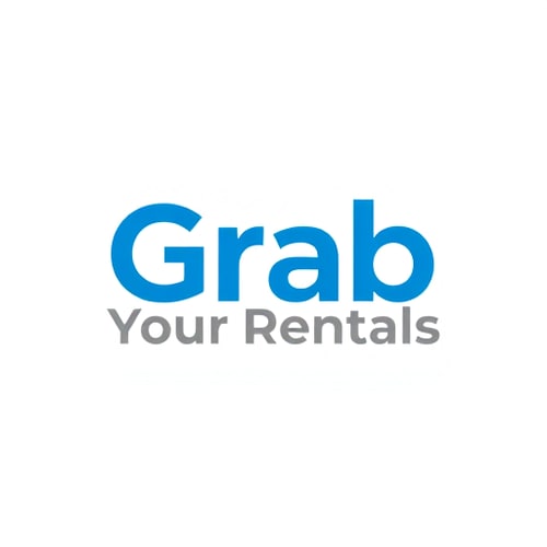 AI Design for Minimalist wordmark for a business which does rental services like one-time use items or costly items for rent named "Grab Your Rentals": A clean and modern aesthetic where the text itself forms the logo, possibly with subtle graphic elements integrated. Blue and grey, representing reliability and modernity. Bold, sans-serif font that is easily readable and conveys professionalism. Design with a focus on clarity and memorability, inspired by contemporary graphic design trends. Visual execution will feature sharp lines and well-defined spacing. White background.