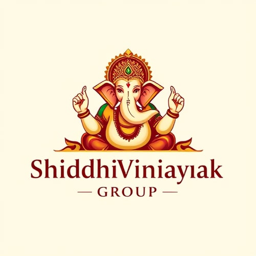 AI Design for Character logo for a spiritual and business conglomerate named "Shiddhivinayak Group": Lord Ganesha in a majestic yet modern pose, radiating prosperity and wisdom, with the group name incorporated seamlessly. Warm gold, deep maroons, and subtle hints of emerald green, elegant yet strong serif font for "Shiddhivinayak" and a bolder sans-serif for "Group". Indian folk art inspired design, with intricate yet clean linework and a contemporary aesthetic, featuring subtle auspicious symbols like a lotus or a chakra. Detailed texture and gradient on the character for depth. Plain off-white background.