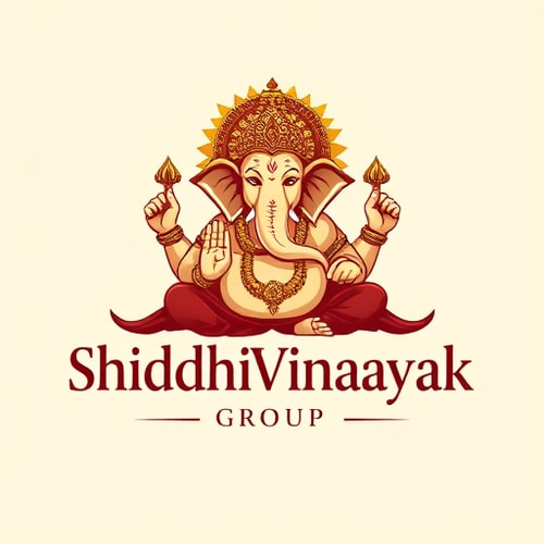 AI Design for Character logo for a spiritual and business conglomerate named "Shiddhivinayak Group": Lord Ganesha in a majestic yet modern pose, radiating prosperity and wisdom, with the group name incorporated seamlessly. Warm gold, deep maroons, and subtle hints of emerald green, elegant yet strong serif font for "Shiddhivinayak" and a bolder sans-serif for "Group". Indian folk art inspired design, with intricate yet clean linework and a contemporary aesthetic, featuring subtle auspicious symbols like a lotus or a chakra. Detailed texture and gradient on the character for depth. Plain off-white background.