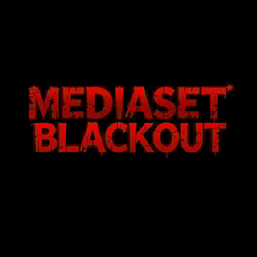 AI Design for Letterform logo for a horror game named "MEDIASET BLACKOUT": Scary red font "MEDIASET BLACKOUT" integrated into the logo, Blood red and deep black color palette, Distressed and sharp typography. Design with a dark and unsettling aesthetic, dripping blood accents and subtle crackle effects, on a solid black background.