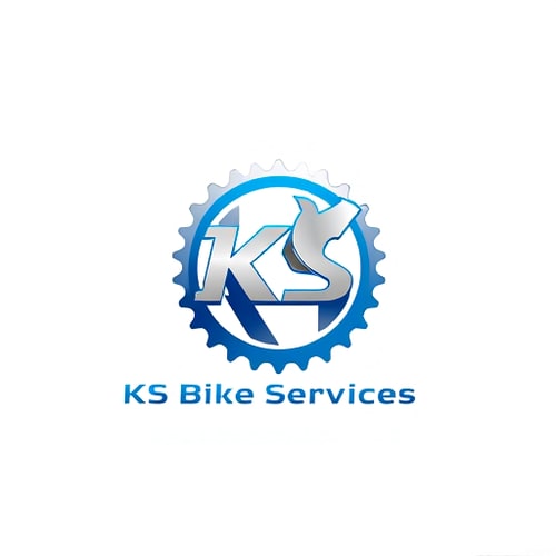 AI Design for Minimalist for a bicycle repair and maintenance business named "KS Bike Services": A stylized, abstract representation of a bicycle gear and a wrench interlocking, symbolizing repair and efficiency, Blue and silver, Clean and modern sans-serif, Bicycle industry and modern aesthetics, Flat design with subtle gradients, White.
