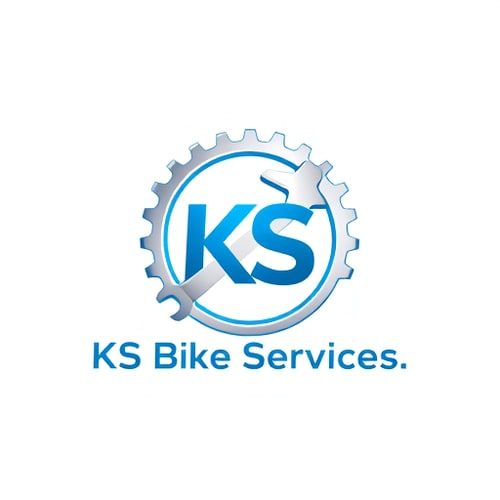 AI Design for Minimalist for a bicycle repair and maintenance business named "KS Bike Services": A stylized, abstract representation of a bicycle gear and a wrench interlocking, symbolizing repair and efficiency, Blue and silver, Clean and modern sans-serif, Bicycle industry and modern aesthetics, Flat design with subtle gradients, White.