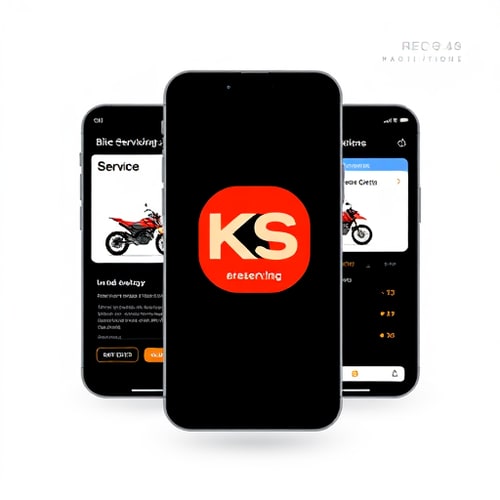AI Design for ✨ KS Bike Servicing Mobile App 🎯 VisionA modern, user-friendly, and premium mobile app that makes bike servicing as easy as booking a cab. The app should feel fast, reliable, and stylish, reflecting the thrill of biking while ensuring trust in servicing.👤 Target UsersBike Owners – Young professionals, commuters, and enthusiasts who value time, convenience, and trust.Service Centers & Mechanics – Workshops or freelancers who want an easy way to manage bookings and customers.🚀 Core User Features1. Onboarding & ProfileMinimalistic welcome screens with bike illustrations.Sign in via OTP, Google, or Apple.Profile setup: user name, photo, bike details (brand, model, number).2. Home DashboardHero Banner: “Book Your Next Service in 2 Clicks 🚲”Quick actions: Book Service | Track | OffersService reminders (with bike icon & due date).3. Service Booking FlowStep 1: Select service type (cards with icons: 🛠️ Service, 🛢️ Oil Change, 🚿 Wash).Step 2: Choose service center / home pickup.Step 3: Pick date & time slot.Step 4: Preview cost + confirm booking.4. Live Service TrackingAnimated progress bar: Pickup → Servicing → Quality Check → Delivered.Live location tracking for pickup/delivery bikes.5. Payments & InvoicesMultiple payment methods (UPI, Cards, Wallets).Digital invoice with share/download option.6. Smart Notifications“Your bike is ready for delivery 🚴💨”“Next service due in 15 days – Book now & save 10%.”7. Support & FeedbackIn-app chat with service center.Ratings with emoji scale for quick feedback.🛠️ Service Provider FeaturesReal-time booking dashboard.Update service stages (Pickup → Service → Ready).Manage pricing, offers, and customer history.Payment settlement view with reports.🎨 UI/UX Design StyleTheme Colors:Primary: Deep Black / Charcoal (power & reliability)Accent: Electric Red / Metallic Blue (energy & trust)Secondary: White / Grey (clean & modern)Typography:Headings: Bold Sans-Serif (e.g., Poppins, Montserrat).Body: Clean and minimal (e.g., Roboto, Open Sans).Visuals:High-quality bike illustrations & vector icons.Motion effects (button clicks, service status updates).Navigation:Bottom navigation bar with 4 tabs: Home | Book | Track | ProfileFloating Action Button (FAB) for Quick Book. i want logo give only logo 