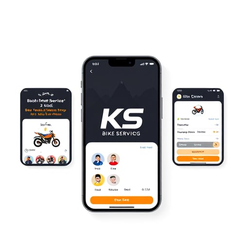 AI Design for ✨ KS Bike Servicing Mobile App 🎯 VisionA modern, user-friendly, and premium mobile app that makes bike servicing as easy as booking a cab. The app should feel fast, reliable, and stylish, reflecting the thrill of biking while ensuring trust in servicing.👤 Target UsersBike Owners – Young professionals, commuters, and enthusiasts who value time, convenience, and trust.Service Centers & Mechanics – Workshops or freelancers who want an easy way to manage bookings and customers.🚀 Core User Features1. Onboarding & ProfileMinimalistic welcome screens with bike illustrations.Sign in via OTP, Google, or Apple.Profile setup: user name, photo, bike details (brand, model, number).2. Home DashboardHero Banner: “Book Your Next Service in 2 Clicks 🚲”Quick actions: Book Service | Track | OffersService reminders (with bike icon & due date).3. Service Booking FlowStep 1: Select service type (cards with icons: 🛠️ Service, 🛢️ Oil Change, 🚿 Wash).Step 2: Choose service center / home pickup.Step 3: Pick date & time slot.Step 4: Preview cost + confirm booking.4. Live Service TrackingAnimated progress bar: Pickup → Servicing → Quality Check → Delivered.Live location tracking for pickup/delivery bikes.5. Payments & InvoicesMultiple payment methods (UPI, Cards, Wallets).Digital invoice with share/download option.6. Smart Notifications“Your bike is ready for delivery 🚴💨”“Next service due in 15 days – Book now & save 10%.”7. Support & FeedbackIn-app chat with service center.Ratings with emoji scale for quick feedback.🛠️ Service Provider FeaturesReal-time booking dashboard.Update service stages (Pickup → Service → Ready).Manage pricing, offers, and customer history.Payment settlement view with reports.🎨 UI/UX Design StyleTheme Colors:Primary: Deep Black / Charcoal (power & reliability)Accent: Electric Red / Metallic Blue (energy & trust)Secondary: White / Grey (clean & modern)Typography:Headings: Bold Sans-Serif (e.g., Poppins, Montserrat).Body: Clean and minimal (e.g., Roboto, Open Sans).Visuals:High-quality bike illustrations & vector icons.Motion effects (button clicks, service status updates).Navigation:Bottom navigation bar with 4 tabs: Home | Book | Track | ProfileFloating Action Button (FAB) for Quick Book. i want logo give only logo 