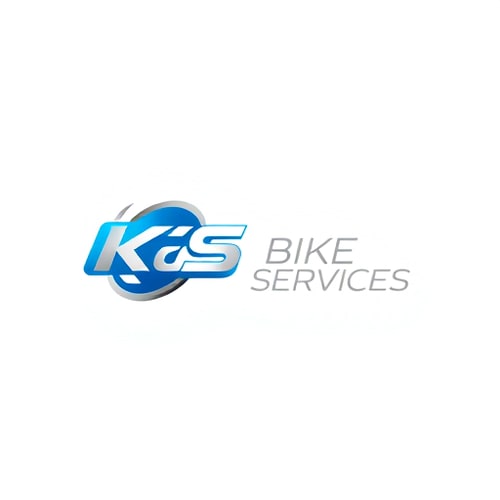 AI Design for Minimalist for a bicycle repair and maintenance business named "KS Bike Services": A stylized, abstract representation of a bicycle gear and a wrench interlocking, symbolizing repair and efficiency, Blue and silver, Clean and modern sans-serif, Bicycle industry and modern aesthetics, Flat design with subtle gradients, White.