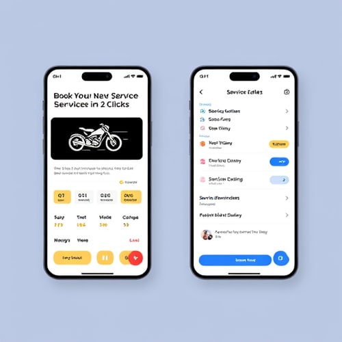 AI Design for ✨ KS Bike Servicing Mobile App 🎯 VisionA modern, user-friendly, and premium mobile app that makes bike servicing as easy as booking a cab. The app should feel fast, reliable, and stylish, reflecting the thrill of biking while ensuring trust in servicing.👤 Target UsersBike Owners – Young professionals, commuters, and enthusiasts who value time, convenience, and trust.Service Centers & Mechanics – Workshops or freelancers who want an easy way to manage bookings and customers.🚀 Core User Features1. Onboarding & ProfileMinimalistic welcome screens with bike illustrations.Sign in via OTP, Google, or Apple.Profile setup: user name, photo, bike details (brand, model, number).2. Home DashboardHero Banner: “Book Your Next Service in 2 Clicks 🚲”Quick actions: Book Service | Track | OffersService reminders (with bike icon & due date).3. Service Booking FlowStep 1: Select service type (cards with icons: 🛠️ Service, 🛢️ Oil Change, 🚿 Wash).Step 2: Choose service center / home pickup.Step 3: Pick date & time slot.Step 4: Preview cost + confirm booking.4. Live Service TrackingAnimated progress bar: Pickup → Servicing → Quality Check → Delivered.Live location tracking for pickup/delivery bikes.5. Payments & InvoicesMultiple payment methods (UPI, Cards, Wallets).Digital invoice with share/download option.6. Smart Notifications“Your bike is ready for delivery 🚴💨”“Next service due in 15 days – Book now & save 10%.”7. Support & FeedbackIn-app chat with service center.Ratings with emoji scale for quick feedback.🛠️ Service Provider FeaturesReal-time booking dashboard.Update service stages (Pickup → Service → Ready).Manage pricing, offers, and customer history.Payment settlement view with reports.🎨 UI/UX Design StyleTheme Colors:Primary: Deep Black / Charcoal (power & reliability)Accent: Electric Red / Metallic Blue (energy & trust)Secondary: White / Grey (clean & modern)Typography:Headings: Bold Sans-Serif (e.g., Poppins, Montserrat).Body: Clean and minimal (e.g., Roboto, Open Sans).Visuals:High-quality bike illustrations & vector icons.Motion effects (button clicks, service status updates).Navigation:Bottom navigation bar with 4 tabs: Home | Book | Track | ProfileFloating Action Button (FAB) for Quick Book.