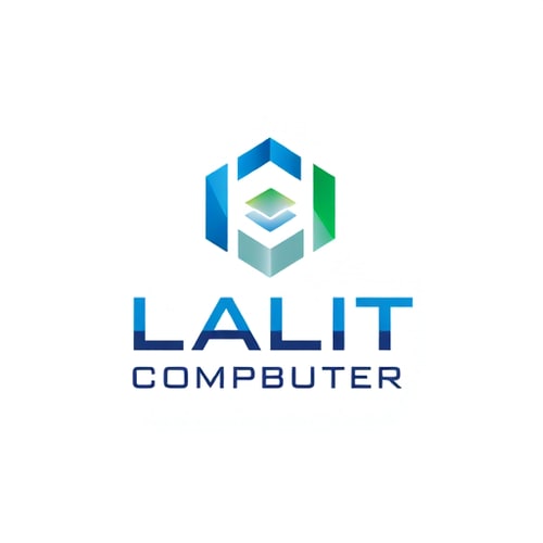AI Design for Minimalist for a computer company named "LALIT COMPUTER": Abstract geometric shapes representing connectivity and data flow, cool blues and greens with a metallic silver accent, clean sans-serif font. Design with a modern and sleek influence, sharp lines and precise angles, with a subtle gradient effect. White background.