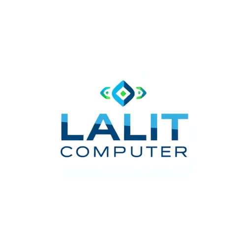 AI Design for Minimalist for a computer company named "LALIT COMPUTER": Abstract geometric shapes representing connectivity and data flow, cool blues and greens with a metallic silver accent, clean sans-serif font. Design with a modern and sleek influence, sharp lines and precise angles, with a subtle gradient effect. White background.