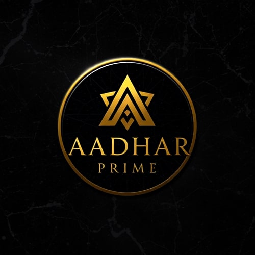 AI Design for Emblem for a premium lifestyle brand named Aadhar Prime: a debossed black marble icon with glowing gold foil inlay, black and gold, elegant serif typography. Design inspired by luxury real estate identity, ultra-realistic mockup with soft architectural lighting, dark marble background.