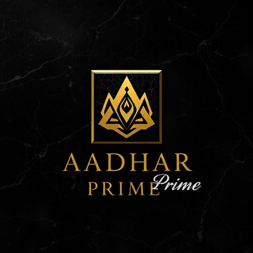 AI Design for Emblem for a premium lifestyle brand named Aadhar Prime: a debossed black marble icon with glowing gold foil inlay, black and gold, elegant serif typography. Design inspired by luxury real estate identity, ultra-realistic mockup with soft architectural lighting, dark marble background.