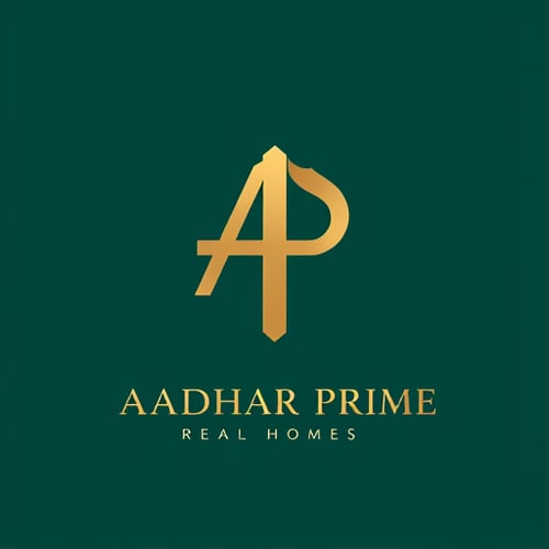 AI Design for "Geometric AP monogram logo, built using architectural floorplan lines and right-angled geometry. Minimal, symmetrical, luxury feel. Engraved gold symbol on dark emerald background, ivory accents. Wordmark 'AADHAR PRIME' below in luxury serif, clean sans-serif subline 'Real Homes'. Flat vector, no gradients, premium global real estate branding aesthetic."
