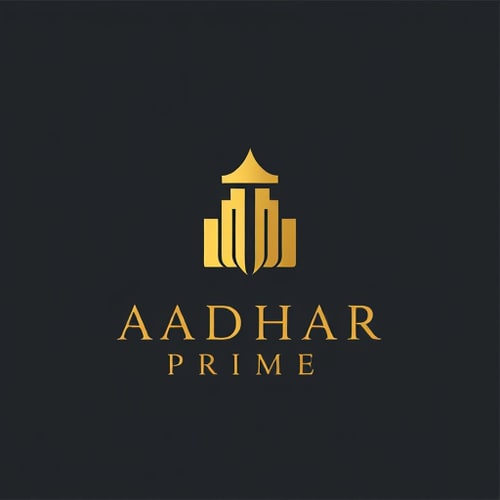 AI Design for "Minimal luxury logo for Aadhar Prime. An abstract foundation block at the base, rising into a refined crown-shaped top symbolizing premium living. Elegant gold emblem on deep charcoal background, simple geometric form, no clutter. Serif wordmark 'AADHAR PRIME' in uppercase, paired with Montserrat subline 'Real Homes'. Timeless luxury branding aesthetic, vector format."