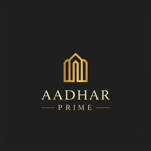 AI Design for "Minimal luxury logo for Aadhar Prime. An abstract foundation block at the base, rising into a refined crown-shaped top symbolizing premium living. Elegant gold emblem on deep charcoal background, simple geometric form, no clutter. Serif wordmark 'AADHAR PRIME' in uppercase, paired with Montserrat subline 'Real Homes'. Timeless luxury branding aesthetic, vector format."