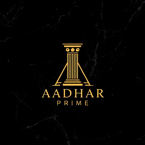 AI Design for Letterform logo for a luxury real estate brand named "AADHAR PRIME": A tall classical pillar and arch forming the letter A, representing strong foundations and heritage. Golden foil embossed on black marble texture. Elegant serif typography for "AADHAR PRIME," uppercase, centered. Design influence and style direction: premium architectural aesthetic. Visual execution details: flat vector style. Background type: black marble texture.