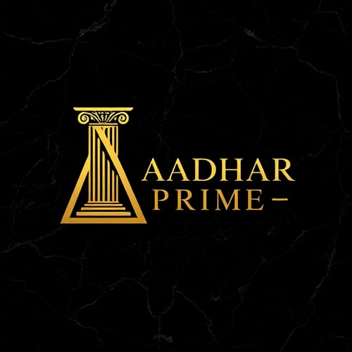 AI Design for Letterform logo for a luxury real estate brand named "AADHAR PRIME": A tall classical pillar and arch forming the letter A, representing strong foundations and heritage. Golden foil embossed on black marble texture. Elegant serif typography for "AADHAR PRIME," uppercase, centered. Design influence and style direction: premium architectural aesthetic. Visual execution details: flat vector style. Background type: black marble texture.