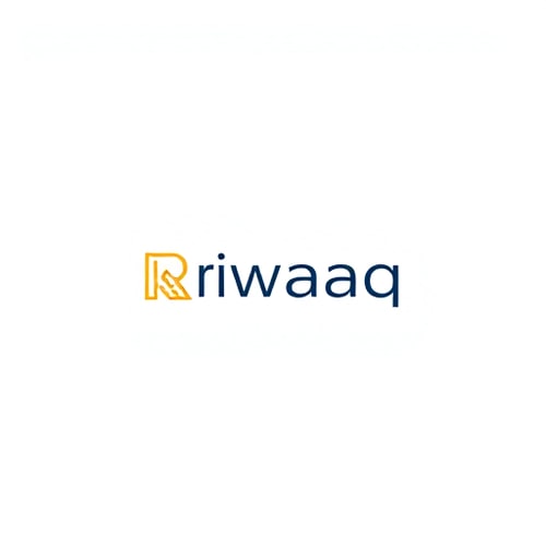 AI Design for Minimalist for a contemporary Arabic design studio named "Riwaaq": Abstract architectural lines, subtle gold and deep navy, elegant and modern sans-serif font. Design with an influence of Islamic geometric patterns and Bauhaus style, visual execution with clean, interlocking shapes and precise lines, on a plain white background.