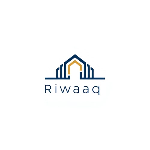 AI Design for Minimalist for a contemporary Arabic design studio named "Riwaaq": Abstract architectural lines, subtle gold and deep navy, elegant and modern sans-serif font. Design with an influence of Islamic geometric patterns and Bauhaus style, visual execution with clean, interlocking shapes and precise lines, on a plain white background.