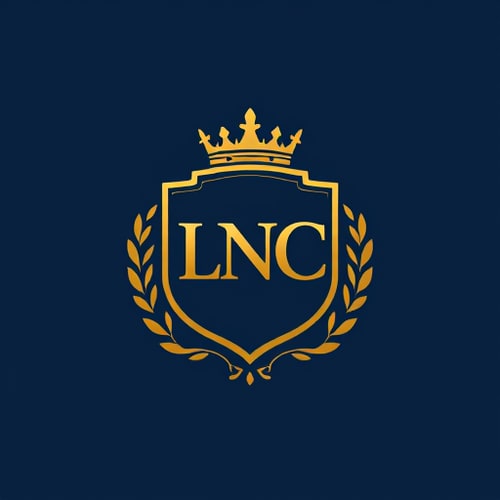 AI Design for A premium logo for LNC Developers, designed as a royal crest with bold ‘LNC’ initials inside a shield emblem, topped with a crown-like skyline. Golden and navy blue vector design, luxury branding, highly attractive and timeless.