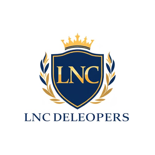 AI Design for A premium logo for LNC Developers, designed as a royal crest with bold ‘LNC’ initials inside a shield emblem, topped with a crown-like skyline. Golden and navy blue vector design, luxury branding, highly attractive and timeless.