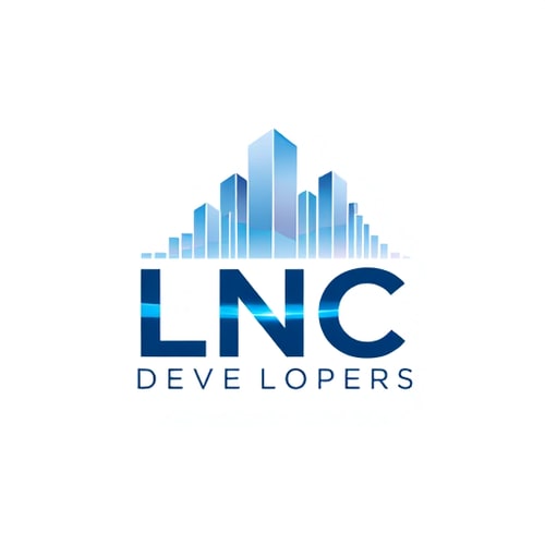 AI Design for An innovative logo for LNC Developers, where the letters ‘LNC’ form the base and a crystal-like transparent skyline rises above it. Modern glass effect buildings, professional typography, vector illustration, blue and grey tones, sleek and attractive.