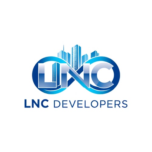 AI Design for A creative logo for LNC Developers, merging the letters ‘LNC’ into the shape of an infinity loop that transforms into high-rise buildings. Symbol of growth, trust, and long-term vision. Vector design, blue and silver color scheme, futuristic and unique.
