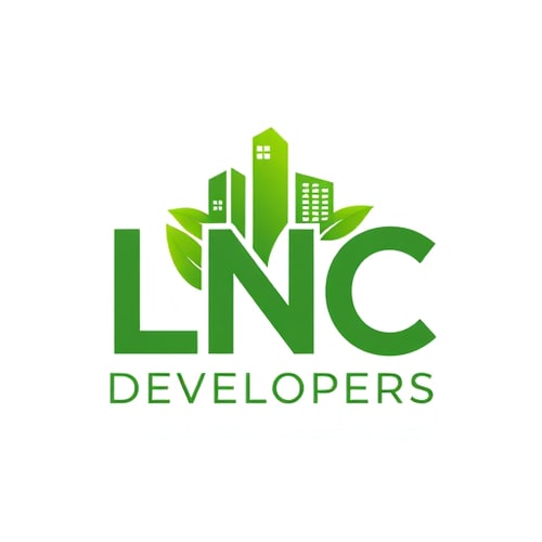 AI Design for A unique logo for LNC Developers, combining bold initials ‘LNC’ with a modern skyline growing from green leaves. Symbol of eco-friendly real estate development. Clean, professional, and attractive design, green and white color scheme.