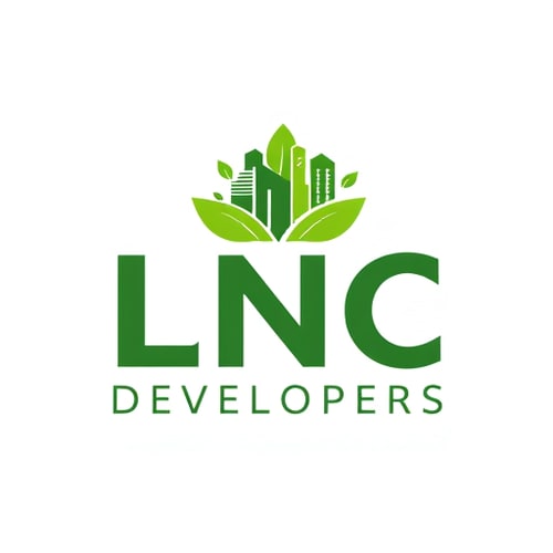 AI Design for A unique logo for LNC Developers, combining bold initials ‘LNC’ with a modern skyline growing from green leaves. Symbol of eco-friendly real estate development. Clean, professional, and attractive design, green and white color scheme.