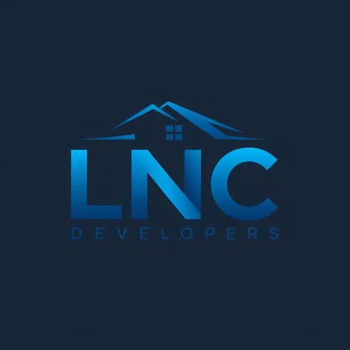 AI Design for A modern and professional logo for LNC Developers, a real estate and construction company. The logo should highlight the text LNC in bold, creative typography with smooth connected letters. Above the text, include a minimalistic house/roof or building silhouette to represent real estate and construction. Use a clean and corporate style with blue, dark gray, and white colors. The design should look premium, trustworthy, and iconic, suitable for a real estate brand.