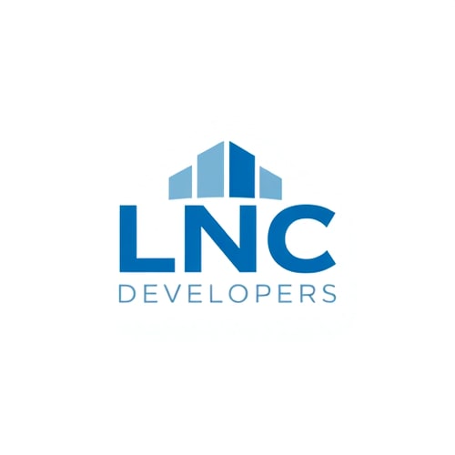 AI Design for A modern geometric logo for LNC Developers, using abstract square and rectangular blocks arranged like a building structure. Bold ‘LNC’ typography with ‘Developers’ written below. Professional, clean, blue and grey corporate theme, vector design.