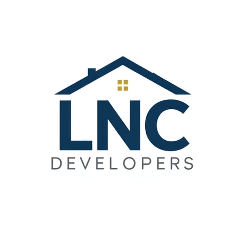 AI Design for Design a professional and modern real estate logo for LNC Developers (Land & Construction). The logo should creatively highlight the letters L & C as the main shape, with a minimalistic roof/house silhouette placed above them. The style should be clean, premium, and construction-inspired, with bold typography. Use corporate colors like dark blue, gray, and white. The overall design must look trustworthy, elegant, and iconic for a real estate company.