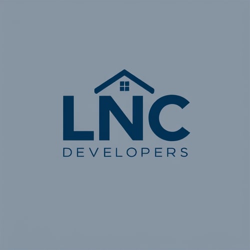 AI Design for A modern and creative logo for LNC Developers. The text ‘LNC’ itself should contain design elements: L shaped like a strong building pillar, N integrated with a house roof on top, and C containing a small window inside. Professional vector logo, minimal and attractive, dark blue and grey corporate theme.