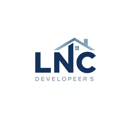 AI Design for A modern and creative logo for LNC Developers. The text ‘LNC’ itself should contain design elements: L shaped like a strong building pillar, N integrated with a house roof on top, and C containing a small window inside. Professional vector logo, minimal and attractive, dark blue and grey corporate theme.