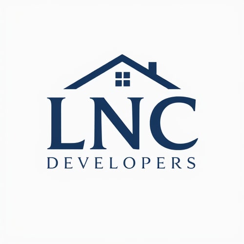 AI Design for A professional real estate logo for LNC Developers. Bold letters ‘LNC’ written in modern font, with a clean and elegant house roof placed above the text. The roof should include a small chimney and window to symbolize home. Developers written below in a sleek sans-serif font. Vector style, minimal and attractive, dark blue and grey color scheme.