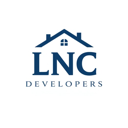 AI Design for A professional real estate logo for LNC Developers. Bold letters ‘LNC’ written in modern font, with a clean and elegant house roof placed above the text. The roof should include a small chimney and window to symbolize home. Developers written below in a sleek sans-serif font. Vector style, minimal and attractive, dark blue and grey color scheme.