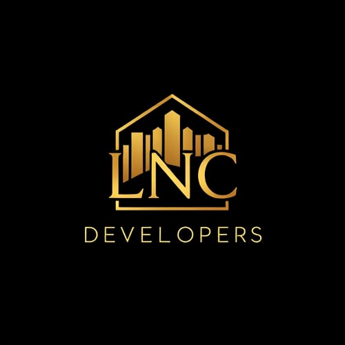 AI Design for An elegant and modern logo for LNC Developers, featuring the initials ‘LNC’ inside a golden abstract geometric frame resembling a skyline. Premium black background with golden gradient, luxury vector design, minimal yet powerful corporate identity.
