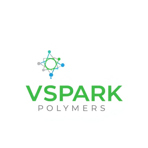 AI Design for Design a modern and minimalistic logo for a company named VSPARK POLYMERS. The logo should feature a molecule or atomic structure icon with connected circles and lines, symbolizing science, chemistry, and innovation. Use a clean vector style with green and blue colors. The company name 'VSPARK POLYMERS' should be in bold uppercase green font, with a tagline placeholder below in smaller gray text. The overall look should be professional, sleek, and technology-inspired