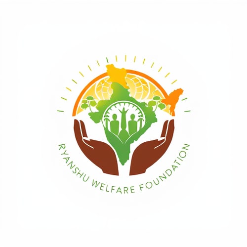 AI Design for Riyanshu welfare foundation It should have the map of India and grains, sun, trees, people and hands, the entire logo should be in a circle 