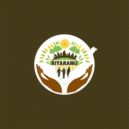 AI Design for Riyanshu welfare foundation It should have the map of India and grains, sun, trees, people and hands, the entire logo should be in a circle 