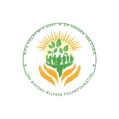 AI Design for Riyanshu welfare foundation It should have the map of India and grains, sun, trees, people and hands, the entire logo should be in a circle 
