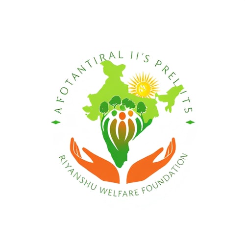 AI Design for Riyanshu welfare foundation It should have the map of India and grains, sun, trees, people and hands, the entire logo should be in a circle 