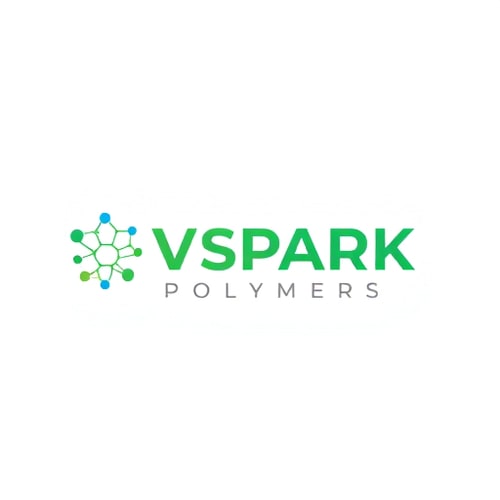 AI Design for Design a modern and minimalistic logo for a company named VSPARK POLYMERS. The logo should feature a molecule or atomic structure icon with connected circles and lines, symbolizing science, chemistry, and innovation. Use a clean vector style with green and blue colors. The company name 'VSPARK POLYMERS' should be in bold uppercase green font, with a tagline placeholder below in smaller gray text. The overall look should be professional, sleek, and technology-inspired